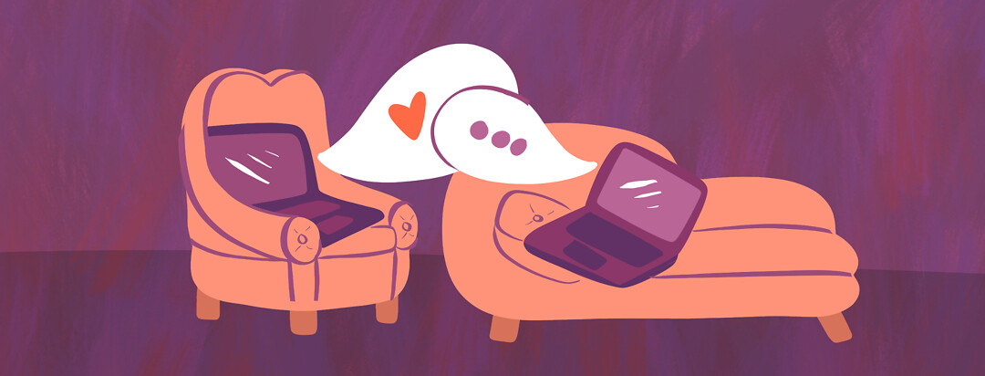 A therapist and patient couch have laptop computers on them instead of people, with dialogue bubbles showing a heart and three dots in each.