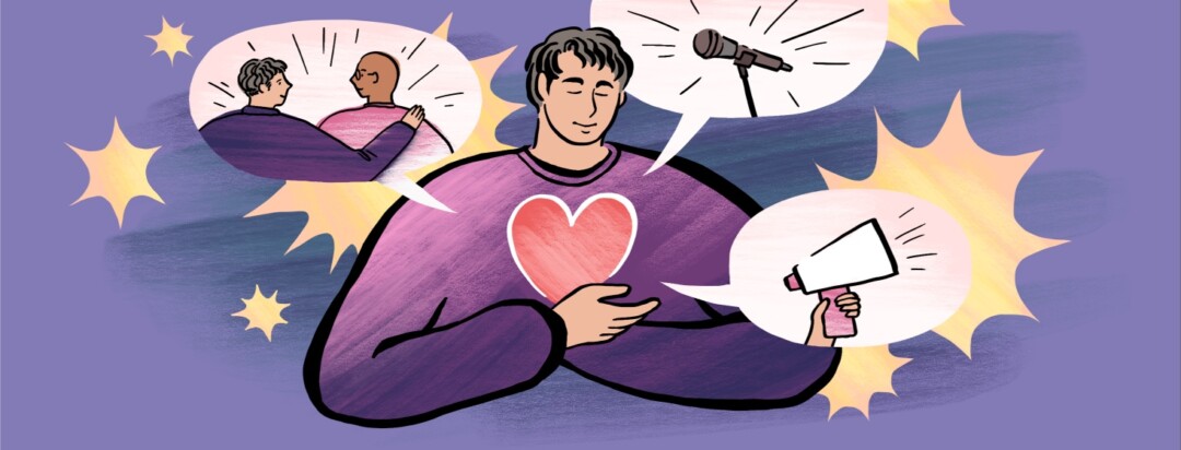 A man holds a heart in his hands, surrounded by speech bubbles showing different ways to be an advocate