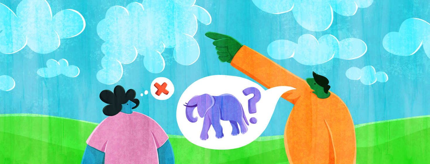 A person points at a cloud in the sky, suggesting that it's an elephant, while their friend angrily declines the suggestion.