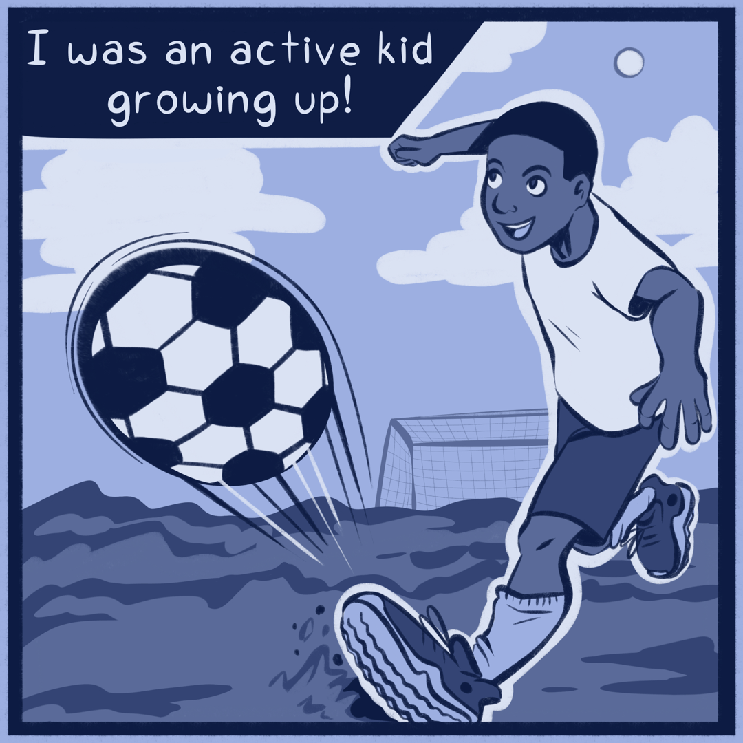 A boy is kicking a soccer ball across the field, there is a text box at the top that says 