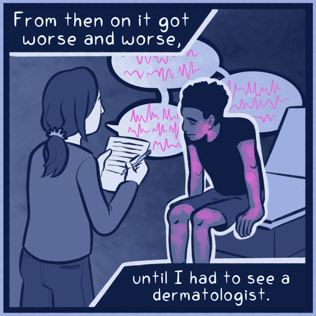 A teenager is sitting on the bed of a doctors office, looking downward in embarrassment. His skin is extremely irritated and rashy. In front of his a nurse is holding a clipboard and talking to him. Two text boxes on the panel state 