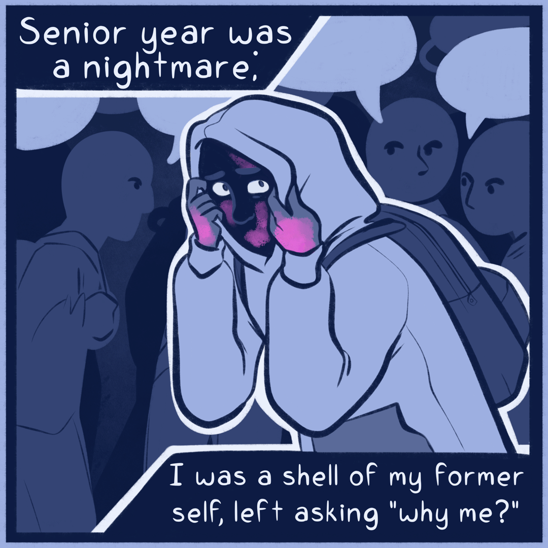 A high school student is walking through a crowded hallway looking around nervously. He is completely covered up by a hoodie, his exposed hands are irritated. Two text boxes on the panel state 