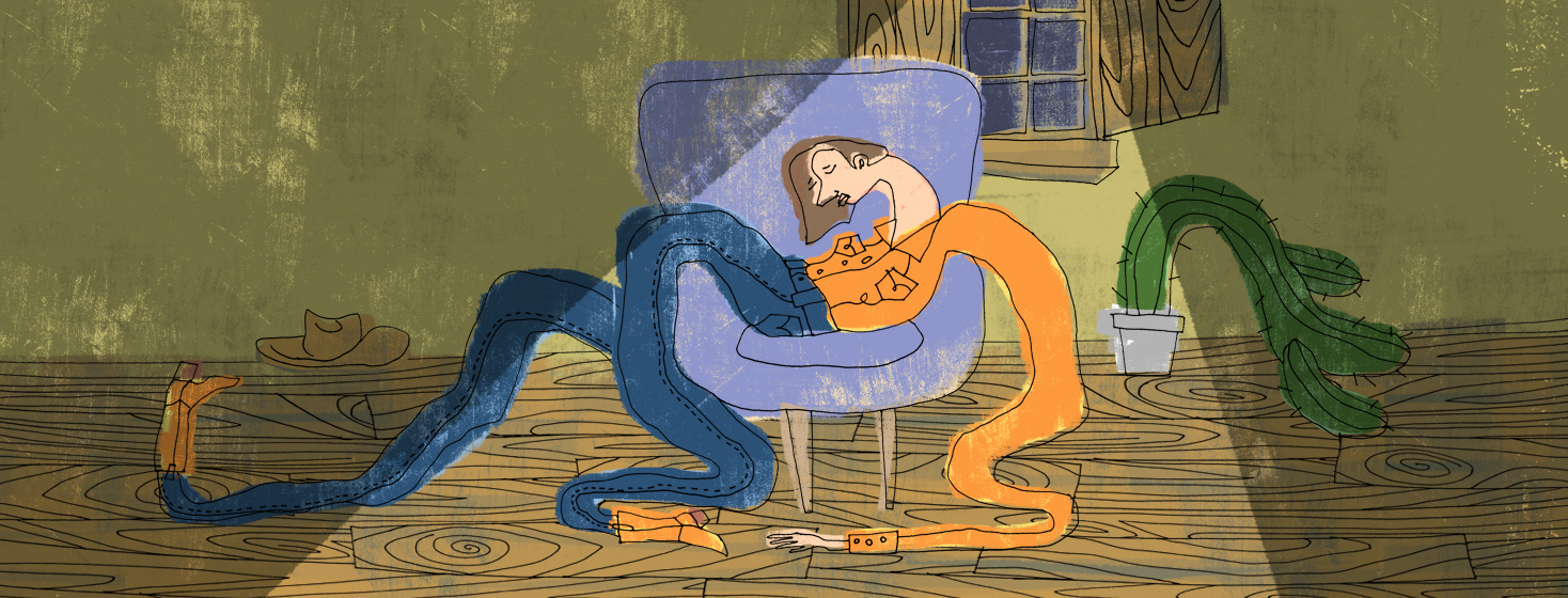 A person sits on a couch, as her noodley limbs drape over the sides, looking deflated.