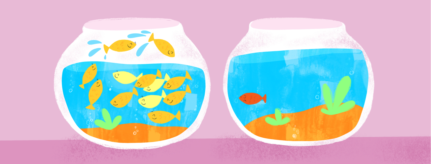 Two fishbowls. One has many fish having fun together, the other contains one sad fish looking at the others through the glass.