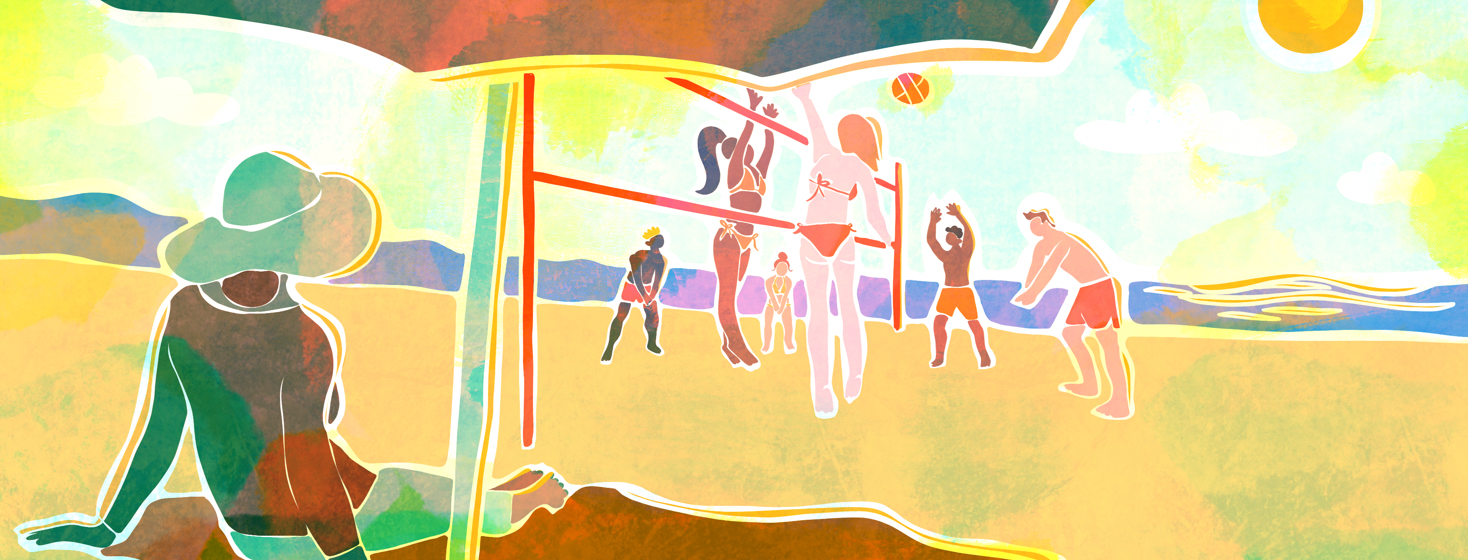 A woman in clothes under an umbrella wistfully watches a group of beach volleyball players in bikinis.