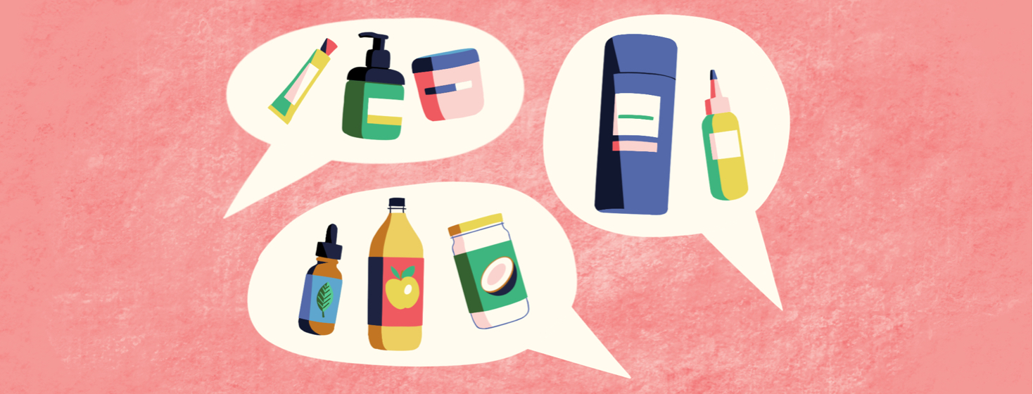 Thought bubbles containing various different lotion and moisturizer products.