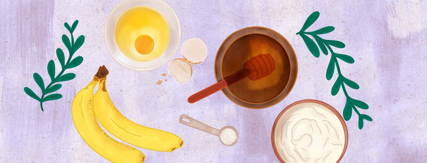 Bananas, Bowl with egg, honey bowl and honey dripper, greek yogurt and tablespoon.