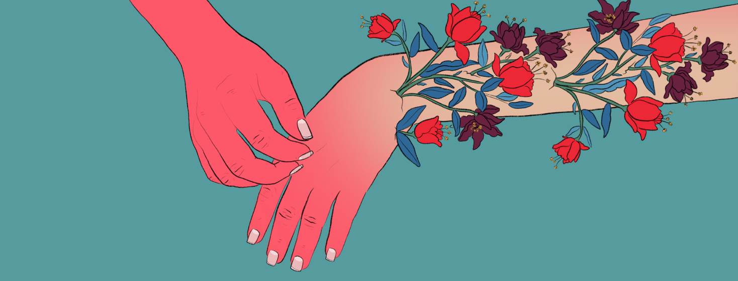 A red, inflamed hand itching the other while flowers sprout from the arm where the skin has healed.