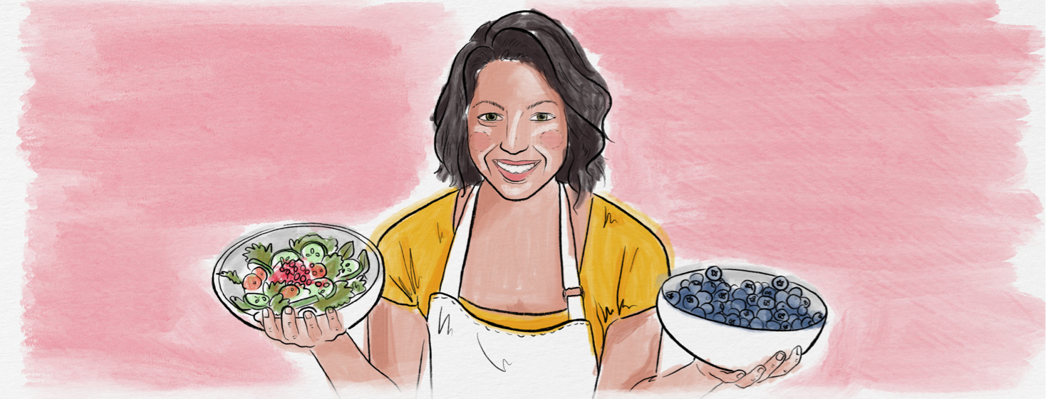 A portrait of Jen Fugo holding a bowl of blueberries and a bowl of tossed salad.