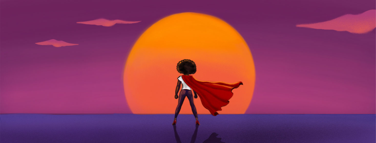 A black woman with a red cape stands proudly as she faces the sun. Superhero Adult Woman Black Power Strength Beauty