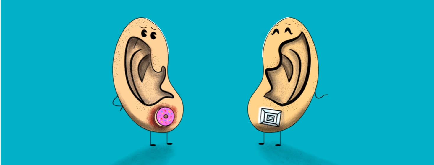 Two ears face eachother one with an infected donut earring and the other with a diamond stud
