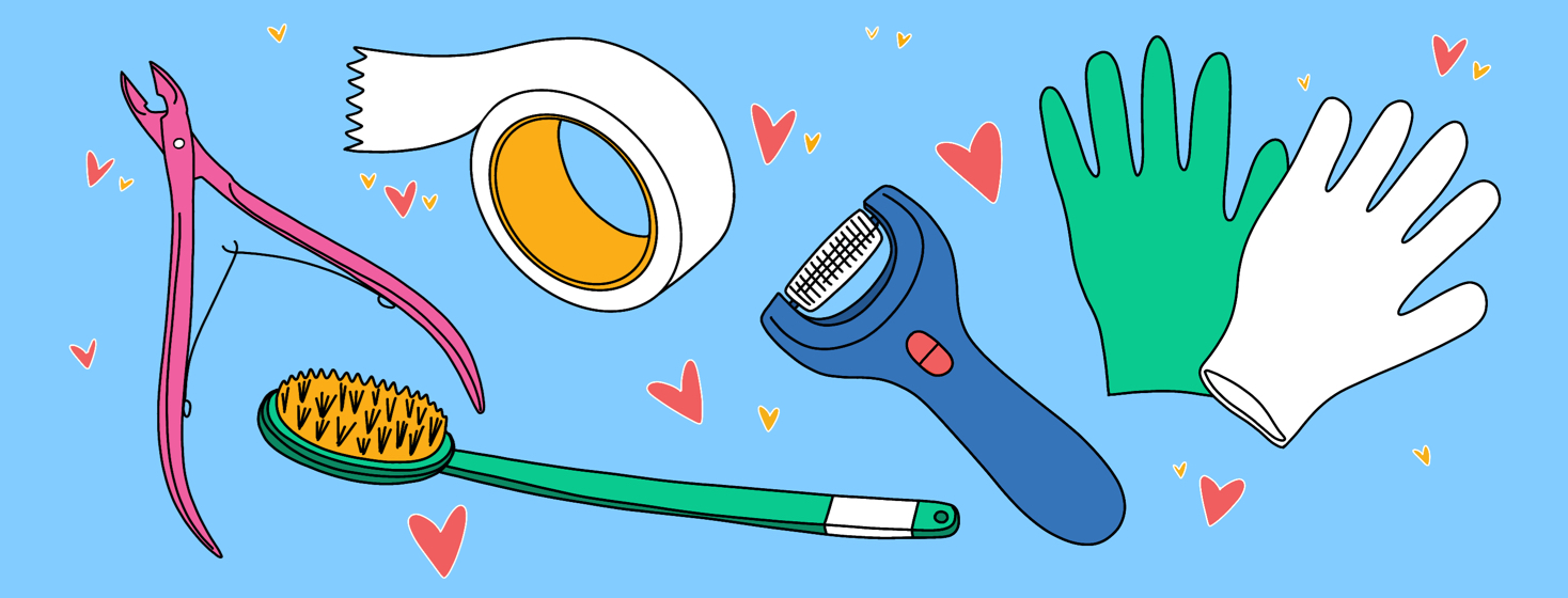 Cuticle clippers, packing tape, long handled brush, pedi perfect tool, and gloves.