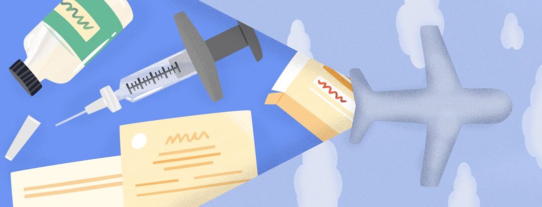 A plane flying over clouds revealing biologic, papers for it, a vial, and a box