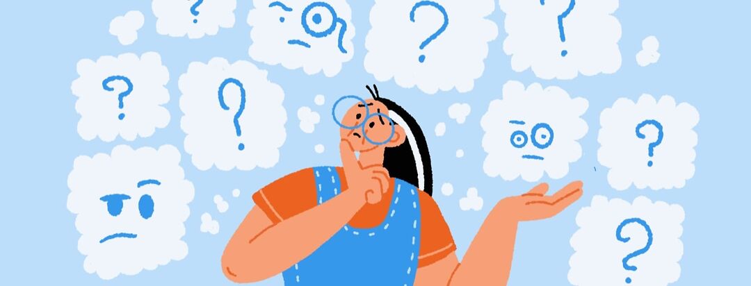 A confused woman surrounded by thought bubbles with question marks and various questioning expressions