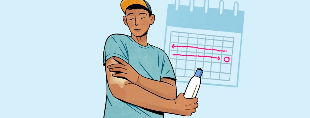 A man applying lotion on his arm a calendar with a line through 2 weeks sits behind him