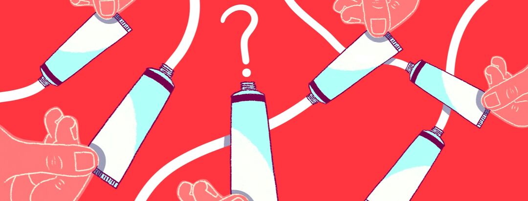 Multiple hands holding up tubes of topical cream, with one tube dispensing a question mark.