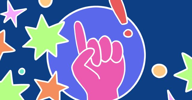 A hand points up with an exclamation point among colorful stars.